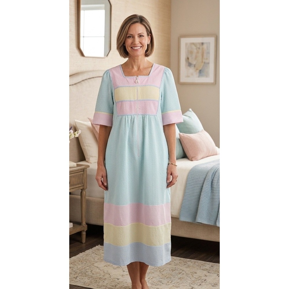 Leisure Life Pastel Seersucker House Dress Zip Size L Zip Front Cotton Lounge‎